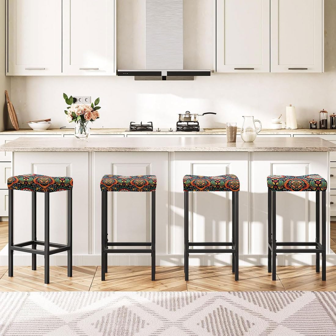 Lussenwert Set 4, 1 Stool Covers Rectangular of Stretch Printed Vanity Stool Covers Washable Saddle Bar Stool Slipcover