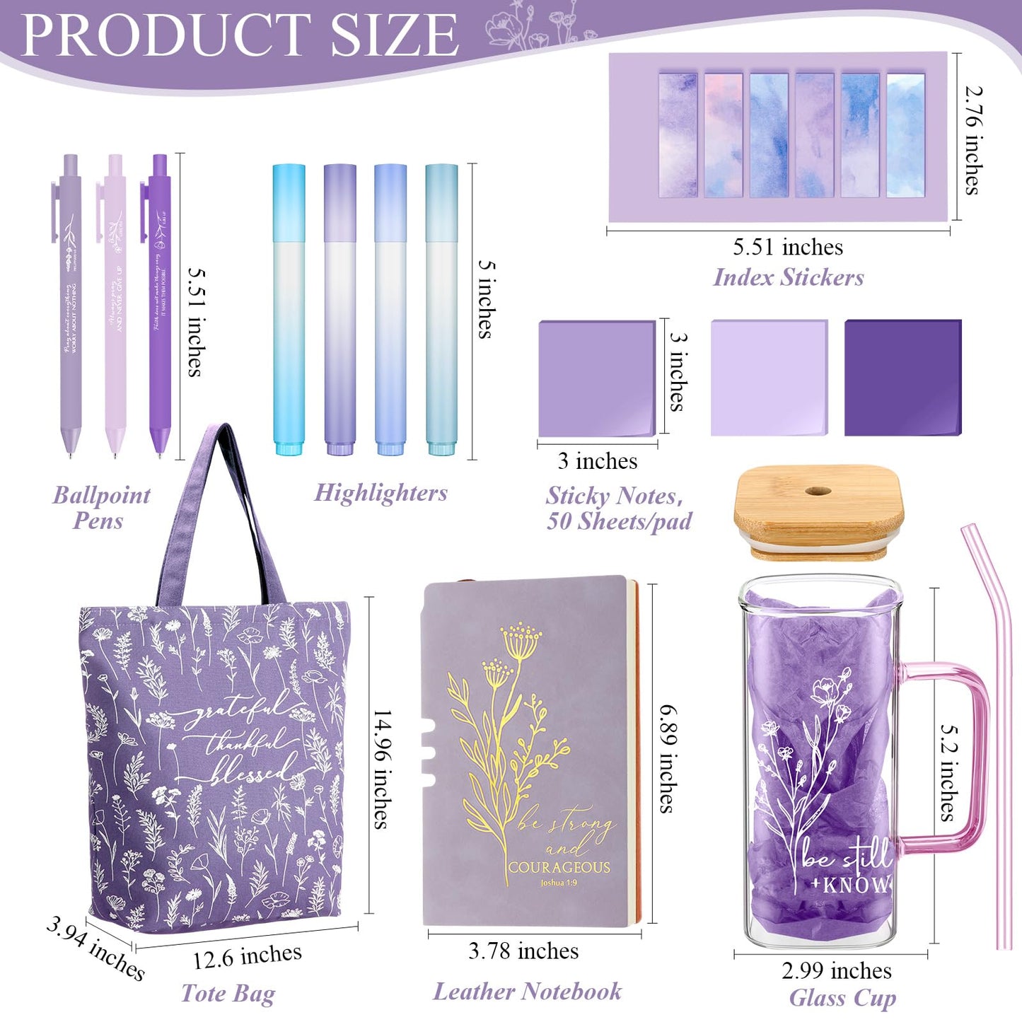 Reallnaive 14 Pcs Christian Gifts for Women Church Bible Journaling Study Kit 16oz Glass Cup Canvas Bag A6 Leather Notebook Highlighter Pen Sticky Note Sticker Fathers Day Sunday Shool Gift(Purple)