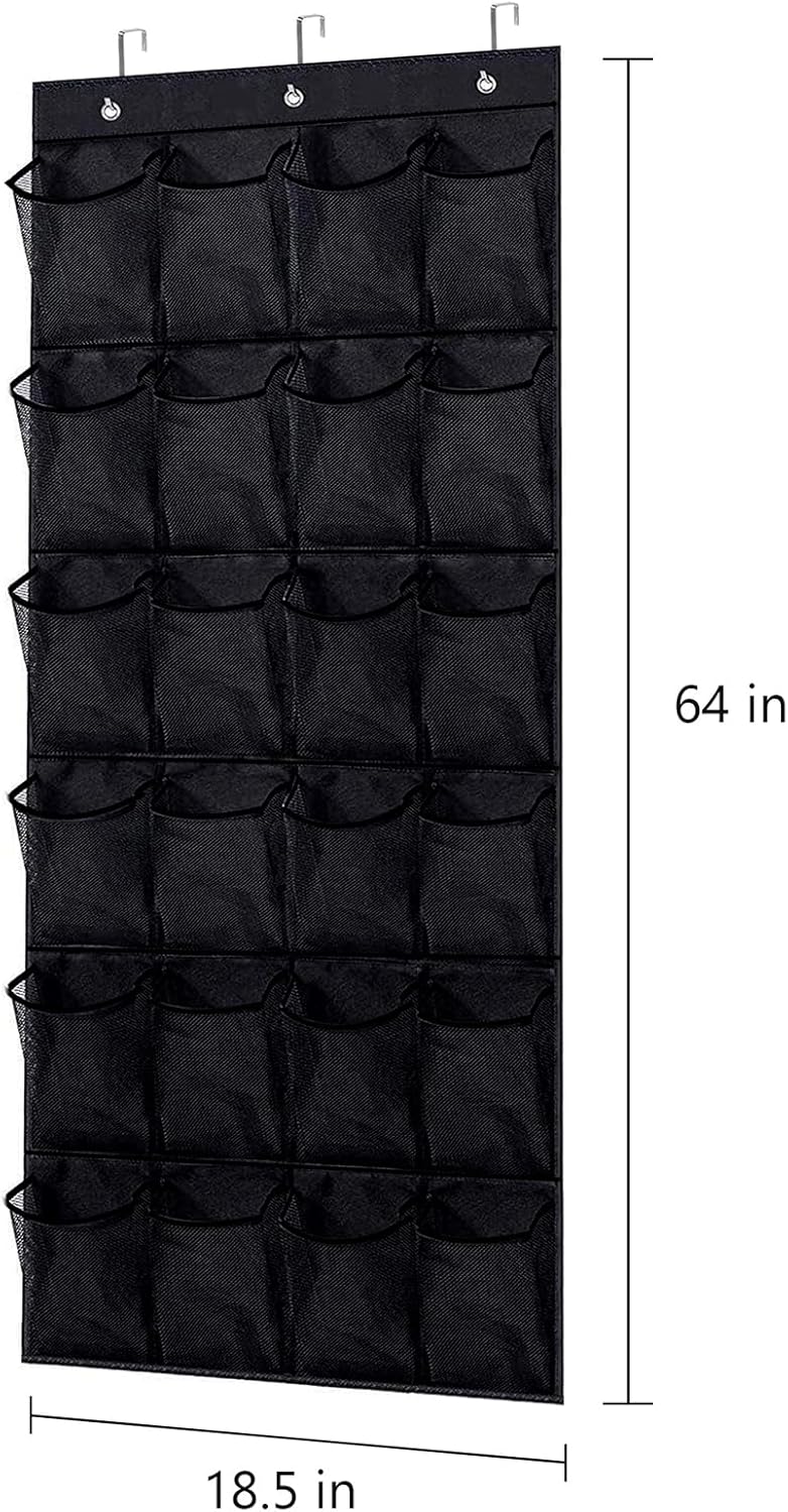 Over the Door Shoe Organizer - Black Mesh Organizer with 24 Pockets and Hooks for Space Saving Shoe Storage
