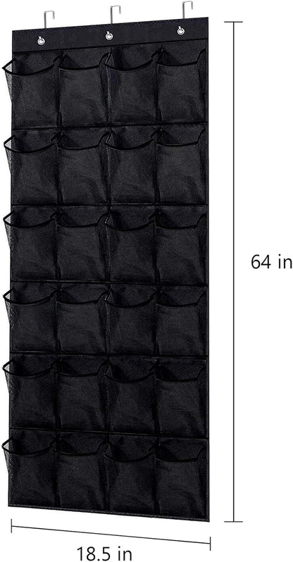 Over the Door Shoe Organizer - Black Mesh Organizer with 24 Pockets and Hooks for Space Saving Shoe Storage