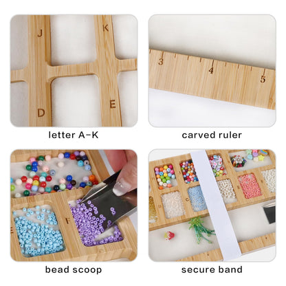 Favonuovy Beads Sorting Tray with Scoop, Magnetic Acrylic Lid, Band and Velvet Padding Bead Boards for Jewelry Bracelet Making Wood Beading Mat Engraved with 11in Ruler, 12 Compartments and Letter A-K