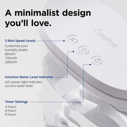Carepod Mini Ultrasonic Cool Mist Humidifier for Bedroom, Quiet & Safe for Baby, Transparent, Only 3 Washable Parts & Easy to Clean, Filter-Free, Automatic Shut-off, Lasts 20Hrs (0.74Gal/2.8L)