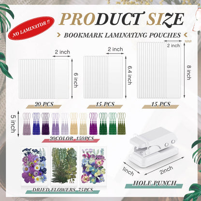 Fuyoooo 176 Pcs Dried Flower Bookmark Making Kit, DIY Bookmark Laminating Pouches with Tassels and Puncher DIY Project Gifts for Women Night Out Craft Book Lovers (Purple,3 Size)