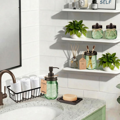 SheeChung Green Bathroom Accessories Set, 6Pcs Mason Jar Glass Bathroom Set, Lotion Soap Dispenser, Toothbrush Holder, Qtip Holder, Soap Dish, Metal Wire Basket, Rustic Farmhouse Bathroom Decor-Bronze