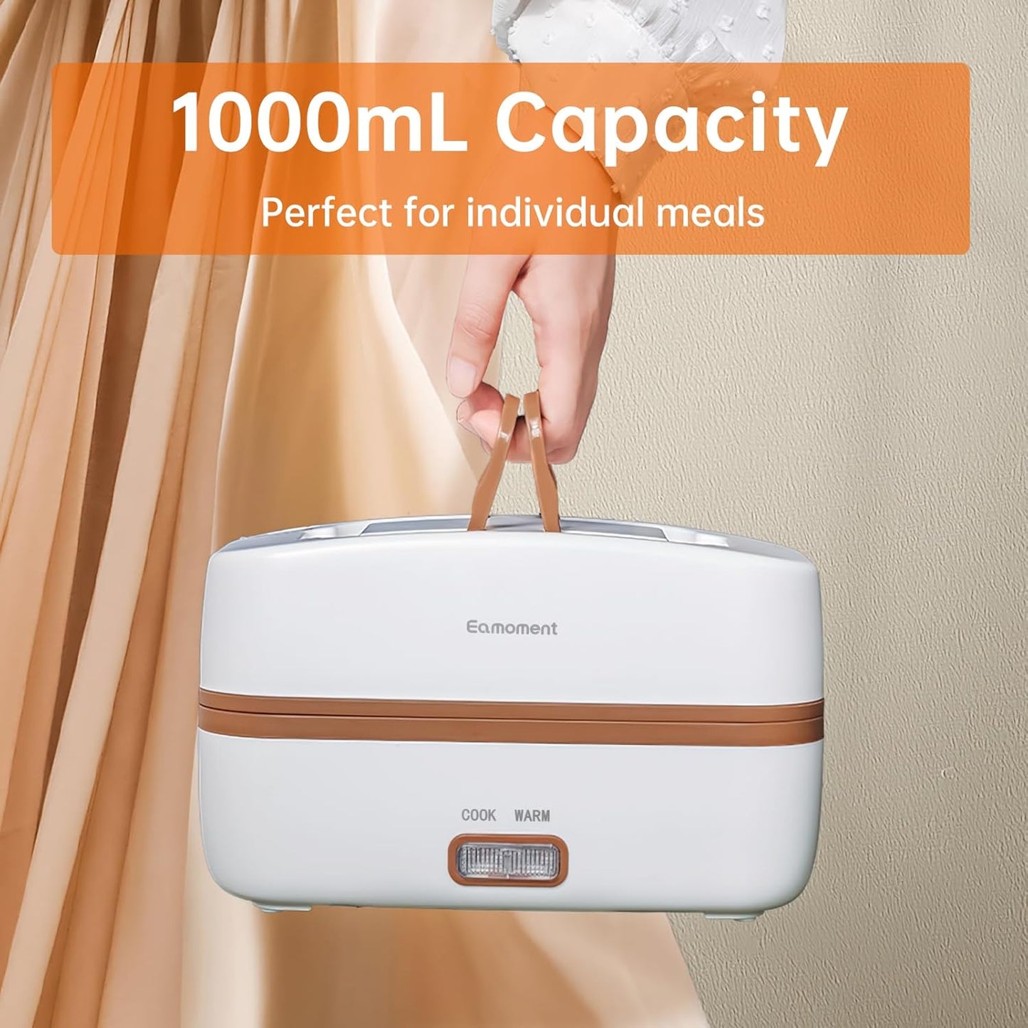 Brown Electric Lunch Box Food Heater, 270W 304 Stainless Steel, 1000mL Capacity for Adults/Work