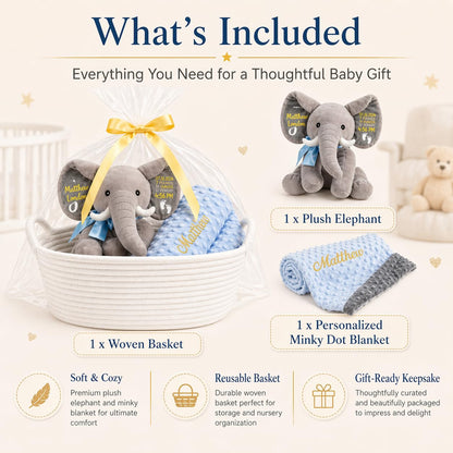Dyoart Personalized Woven Basket with Gift Bags & Ribbons, Decorative Basket with Elephant Stuffed Animal and Blanket Set, Handle Storage Basket for Nursery Toy Pet, Birthday Baby Shower Gifts Set