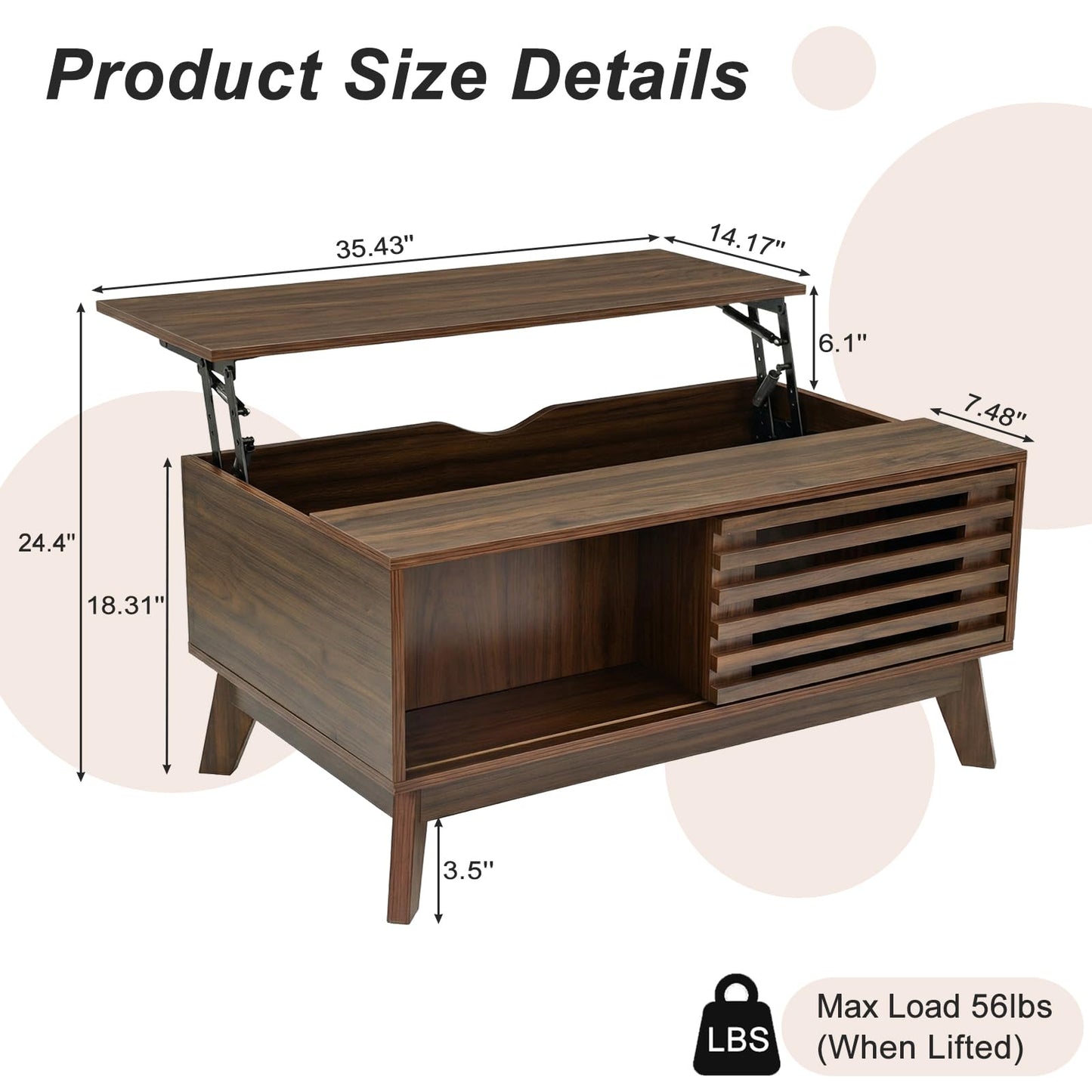 KEIKI Lift Top Coffee Table, Mid-Century Modern Tea Tables with Hidden Storage, Slatted Sliding Door Center Drink Desk w/Lifting Top, Accent Side Cafe Desks for Living Room, Easy Assembly, Walnut