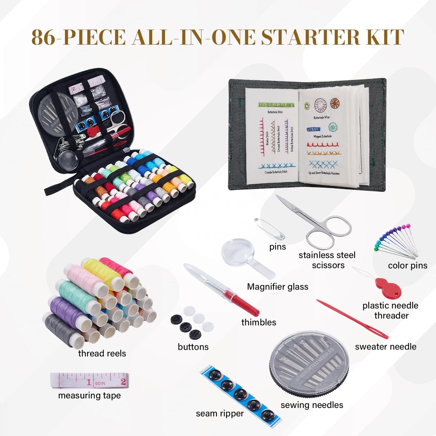 Btesilm Embroidery Stitch Book Set, Including 106 Universal Stitch Diagrams and 86 Sewing Tools, Suitable for Adults, DIY Craft Enthusiasts, and Beginners