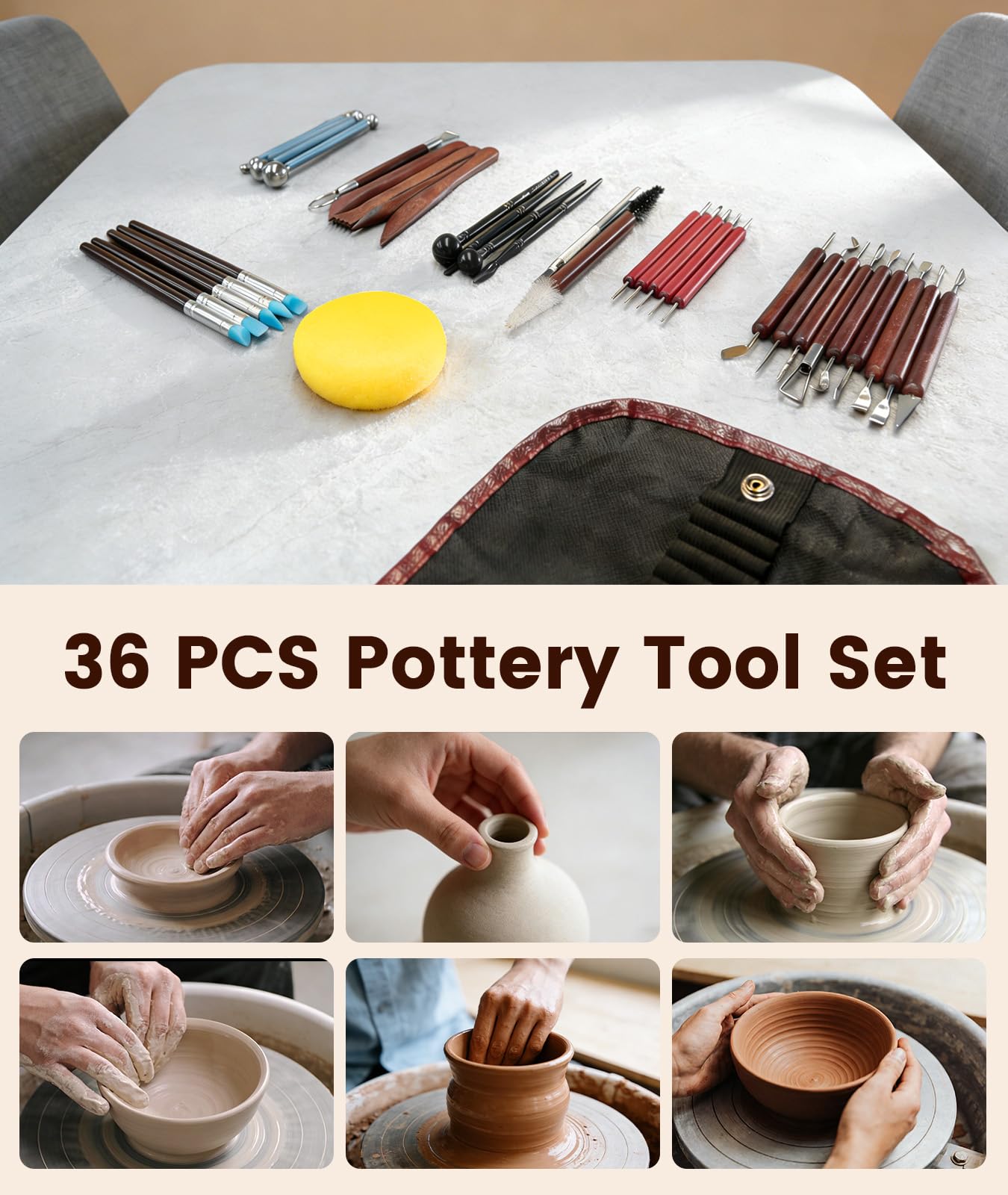 36PCS Clay Tools Kit, Pottery Tools and Ceramic Sculpting Tools Set with Brushes for Carving, Shaping, Molding, Craft & DIY Handmade Projects