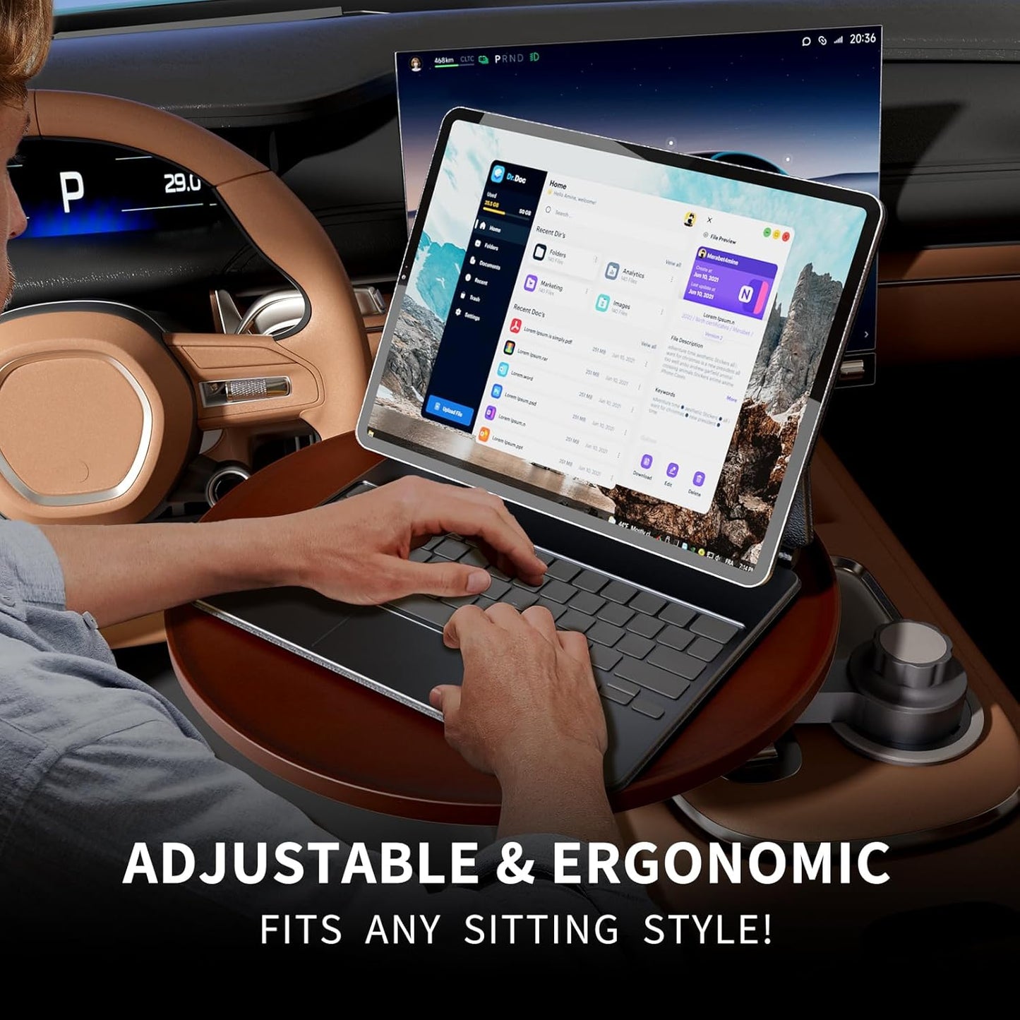 Car Tray & Car Desk for Laptop, 360° Rotating Wood Cup Holder Table, Steering Wheel Tray, Car Accessories for Women & Men,Compatible with Tesla Model Y/3/S, Ford F150/Explorer/Maverick & Most Vehicles