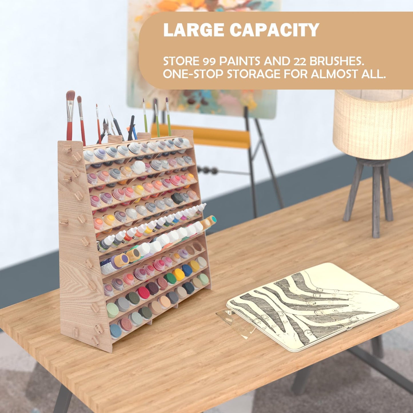 ARFETIGO Extra Large Wooden 9-Tiers 99 Bottles' Capacity Wooden Paint Organizer & Paint Brush Rack for Acrylic OIL Craft Hobby Mini Model Painting Organizer for Artists (Vertical)