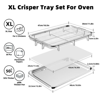 Air Fryer Basket for Oven, Extra Large 18.8" x 12.8" Oven Air Fryer Basket and Tray Set with 30 PCS Parchment Papers, Stainless Steel Air Fryer Pan and Crisper Tray (Silver)