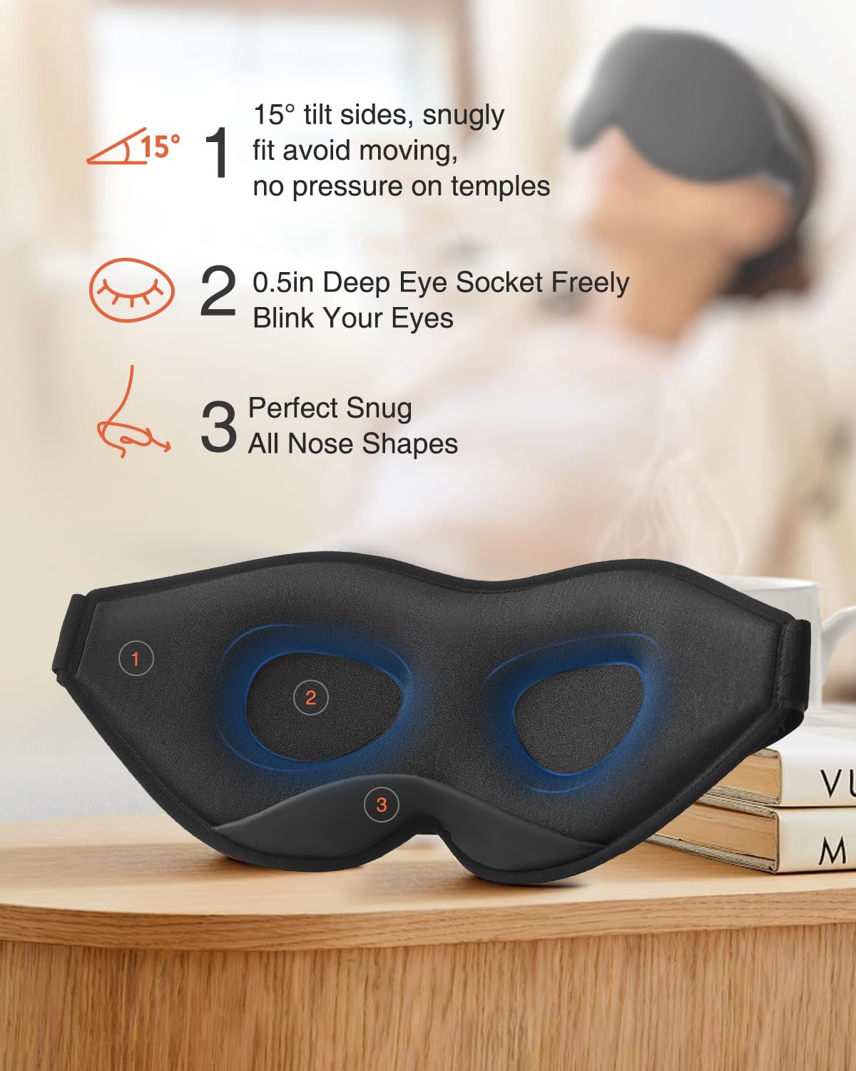 MABAO Sleep Mask for Side Sleeper, Eye Mask for Sleeping Women Men, 3D Contoured Cup No Eye Pressure 100% Light Blocking Sleeping Mask with Adjustable Strap Night Blindfold Flight, Travel, Nap, Black