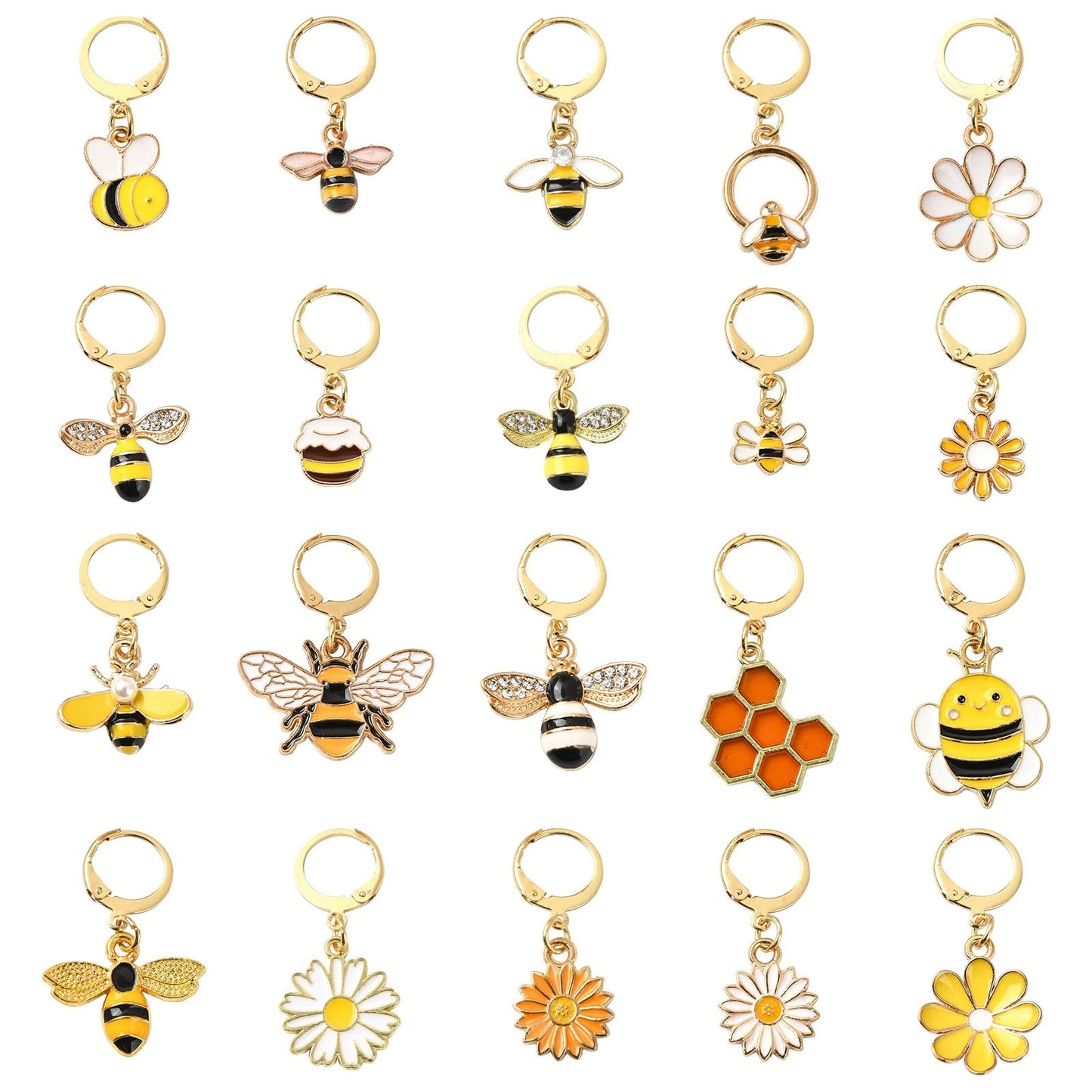 Stiesy 20 Pcs 20 Styles Bee Honeycomb Daisy Stitch Markers Enamel Crochet Stitch Marker Charms Removable Lobster Clasp Locking Stitch Marker for Knitting Weaving Sewing Quilting Handmade Jewelry