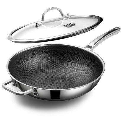 DOTCLAD Wok pan,Hybrid 12 inch Wok with Lid, PFOA Free Cookware,non stick Stainless Steel Woks & Stir-fry pans Nonstick, Dishwasher and Oven Safe, Works on Induction