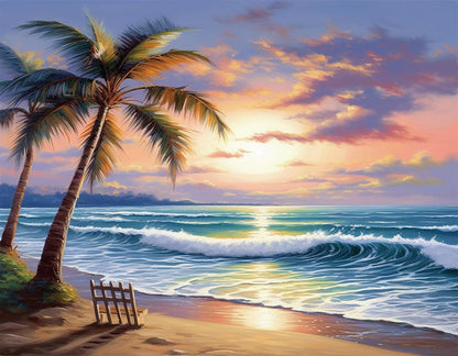 eovv Diamond Painting Kit, Beach Sunset Palm Trees Scene, 16x12 inches, 5D DIY Full Drill Crystal Art, Square Rhinestones