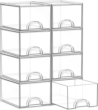 Zeawec 8 Pack Small Clear Stackable Acrylic Storage Boxes for Art Tool & Sketch, Storage Drawers, Storage Organizer, Clear Plastic Makeup Organizer, Ideal for Vanity, Cabinet, Desk Organization