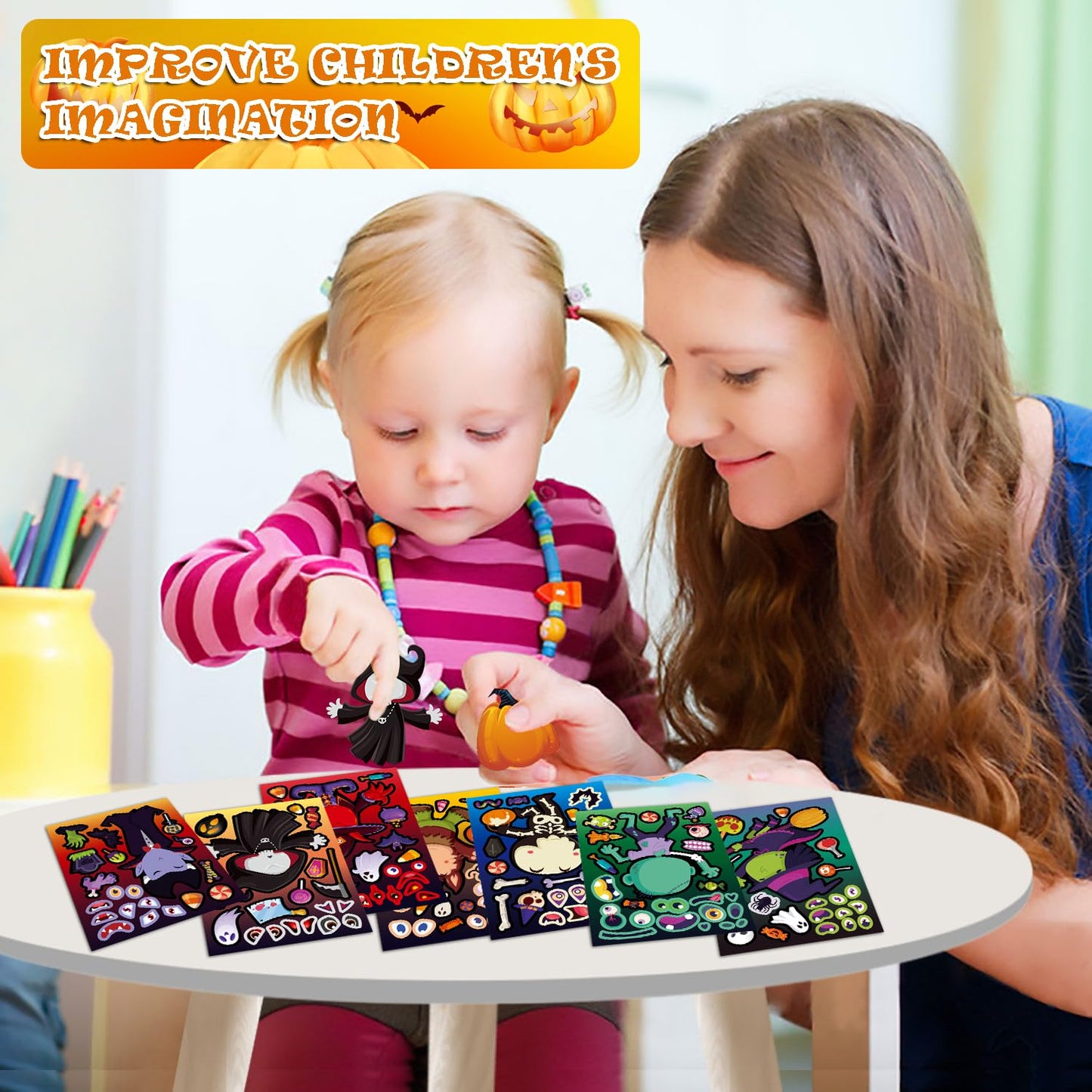 Aowplc 64 Sheets Halloween Party Games Stickers for Kids Make Your Own Stickers with 16 Different Designs Cute Halloween Party Favors Crafts Supplies
