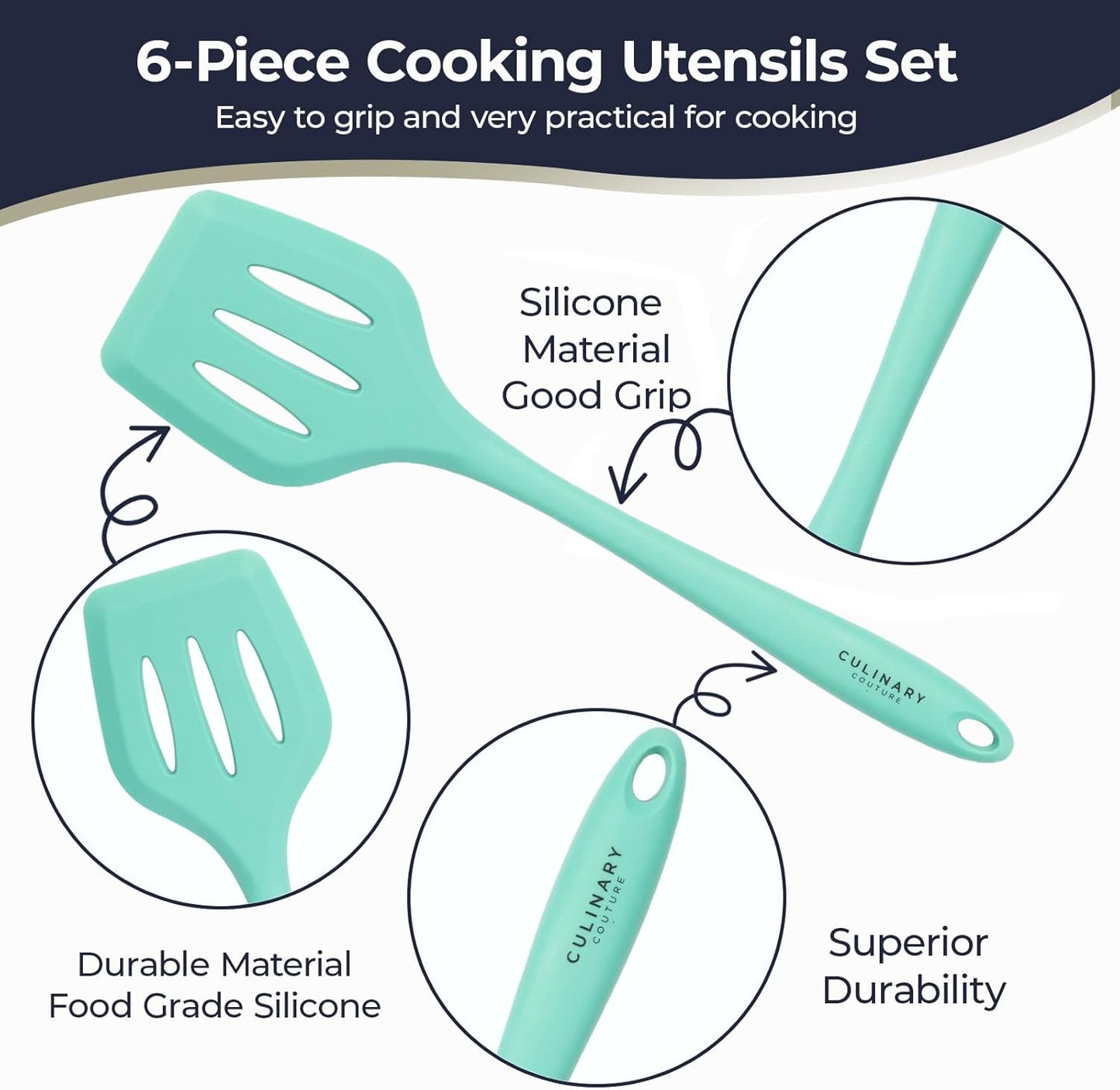 Culinary Couture Aqua Sky Silicone Cooking Utensils Set - Heat Resistant Kitchen Tools with Bonus Recipe Ebook