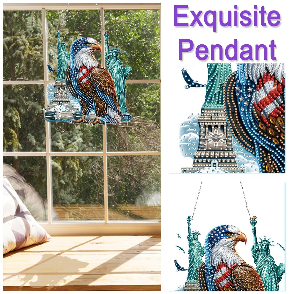 POETRYDRAW DIY Hanging Diamond Art Pendant Kit Independence Day Eagle, Special Crystal Diamonds Painting Ornament for Adults, Diamond Art Suncatchers Double Sided Board Gem Painting Box Kit