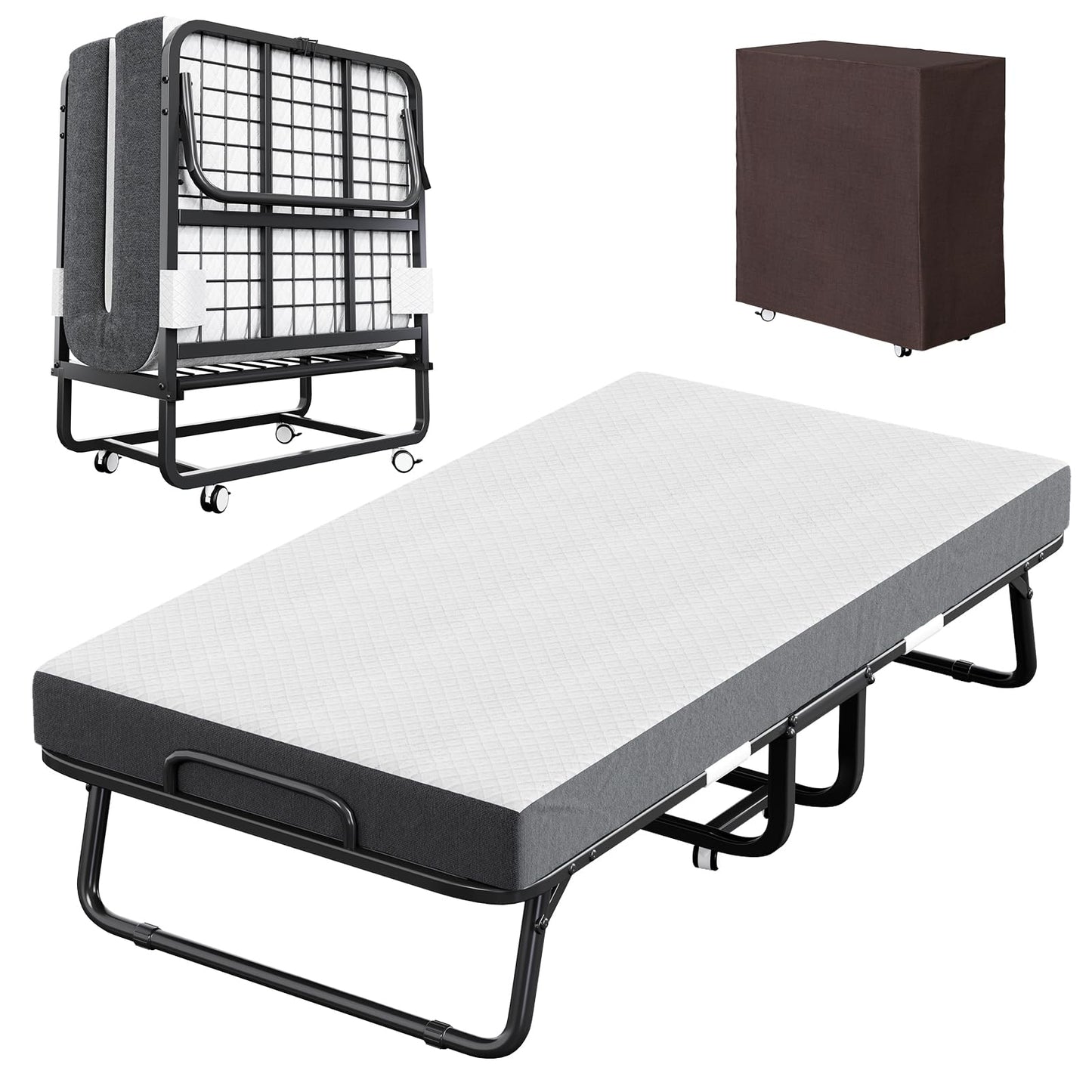 CAIYUN Folding Bed with Mattress and Storage Cover - 75"x38" Twin Size Frame, Portable Rollaway Guest Bed with 5-inch Memory Foam Mattress, Space-Saving Foldable Design for Easy Storage