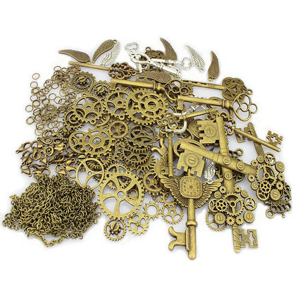 LolliBeads® 230 Gram Antiqued Bronze/Silver Metal Skeleton Keys and Wings, Bronze Steampunk Watch Gear Cog Wheel, Chains, Clasps and Jump Rings DIY Kits (300 Pcs)