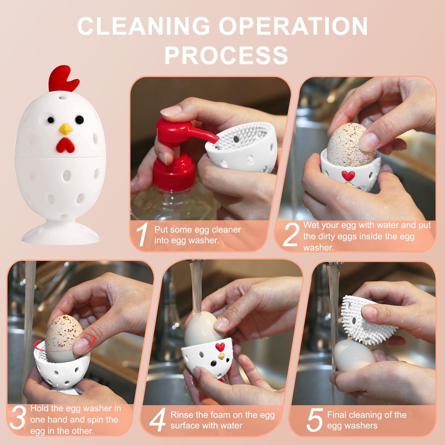 wonlex 4PCS Egg Brush Cleaner Multipurpose Fruit and Vegetable Rotating Scrubber Tool for Fresh Eggs, Reusable Chicken Duck Egg Washer Scrubber (White+Yellow)