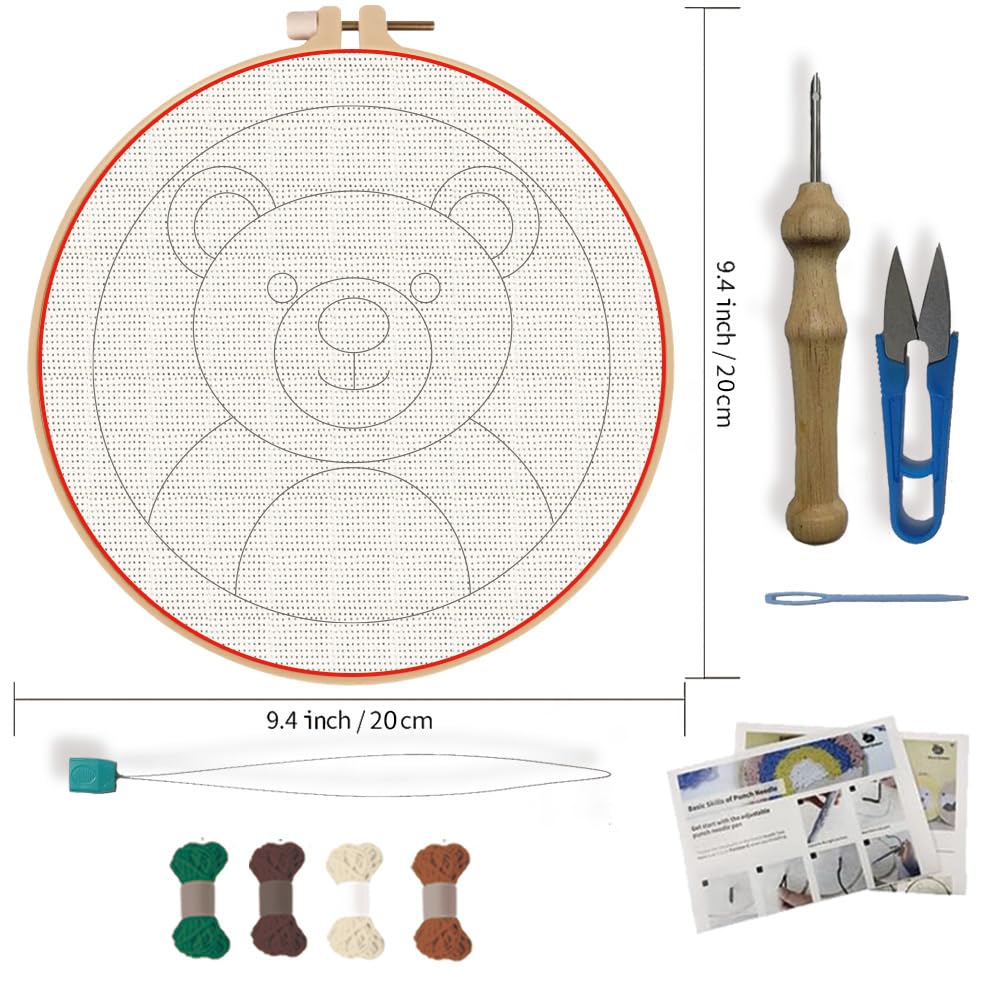 FREEBLOSS DIY Punch Needle Kits for Beginners Cartoon Bear Punch Needle Starter Craft Set with Hoop and Instruction Embroidery Set for Adults Festival Gift and Decoration 7.9''/20cm