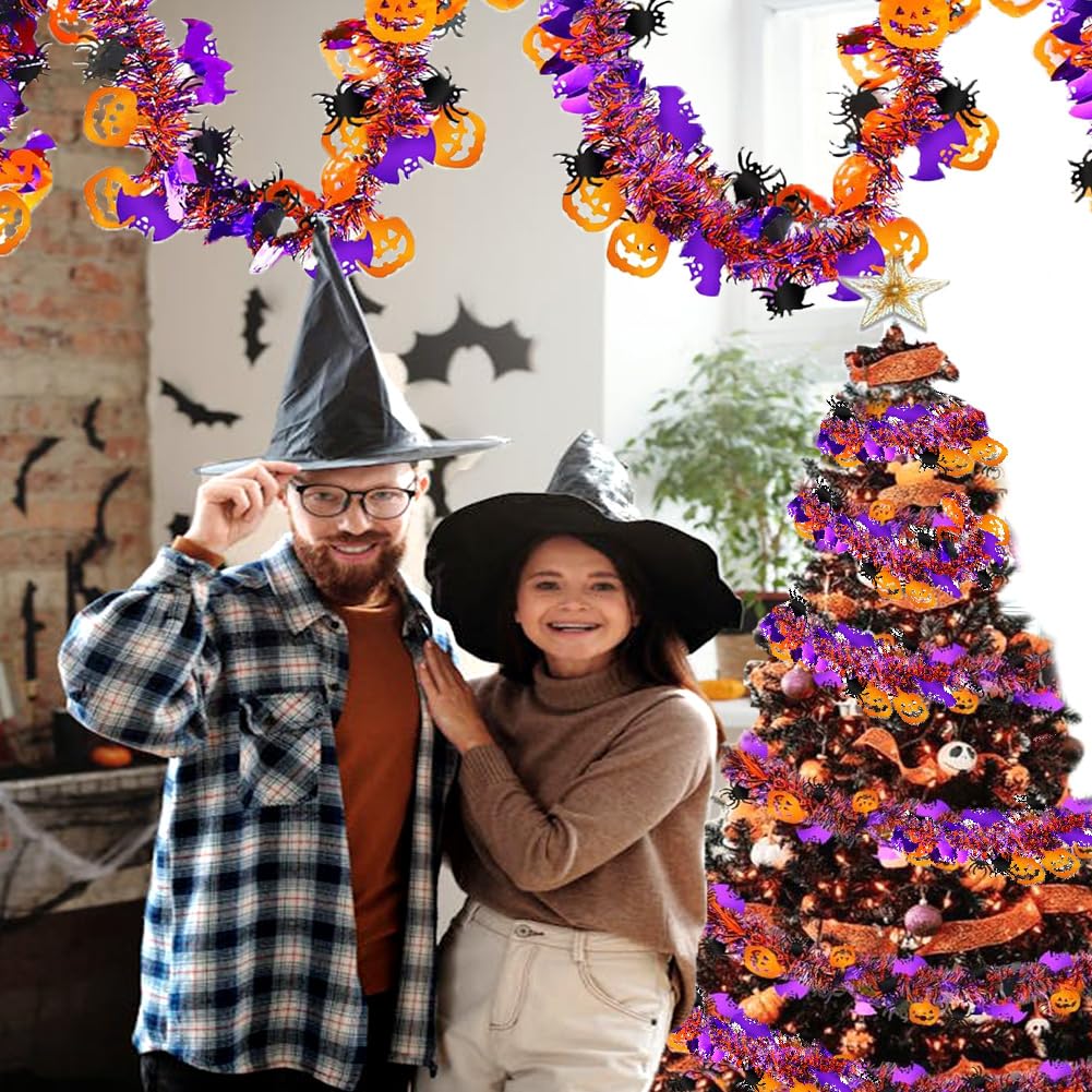 66 Ft Halloween Tinsel Garland with Orange Pumpkin Black Spider Purple Bat Glitter Tinsel Garland for Home Tree Ornaments Indoor Outdoor Party Halloween Decorations