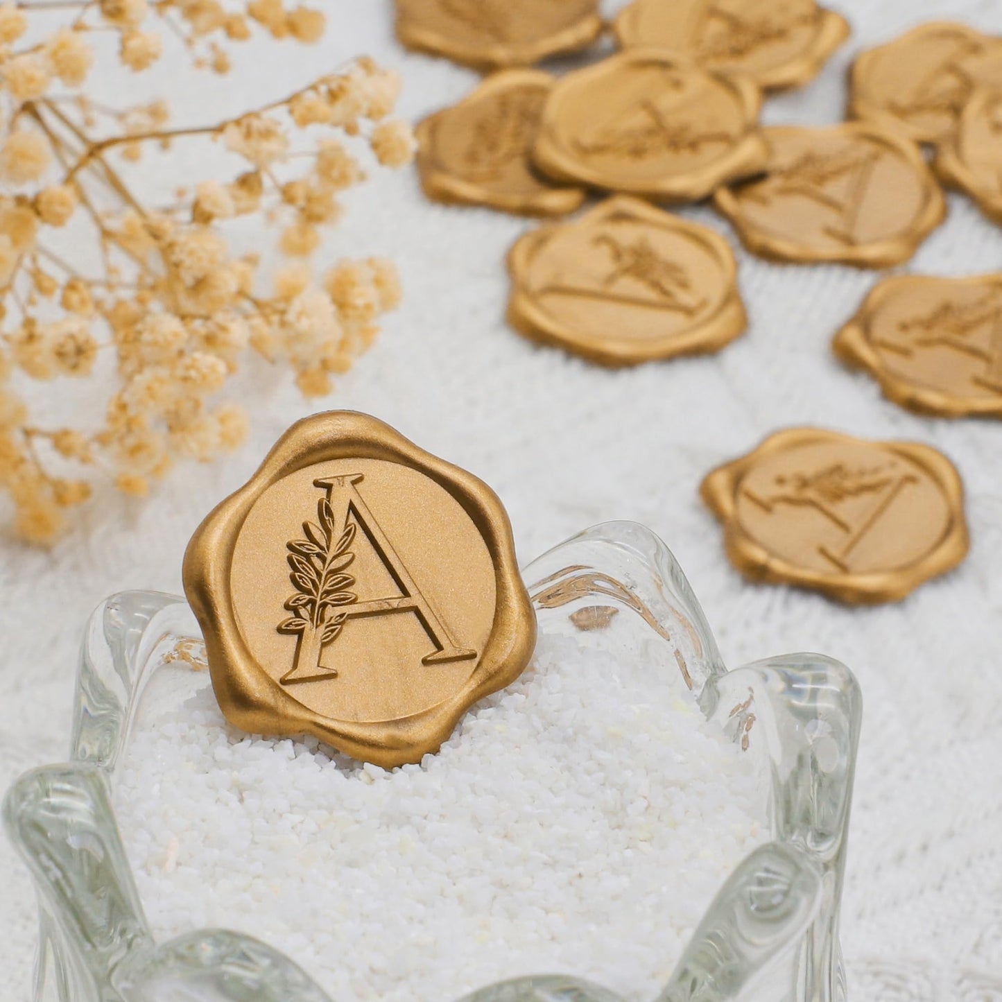 SWANGSA 50 Pack Letter A Wax Seal Stickers, Antique Gold Botanical Leaves Initial Self-Adhesive Wax Stickers for Wedding Party Invitation Envelope