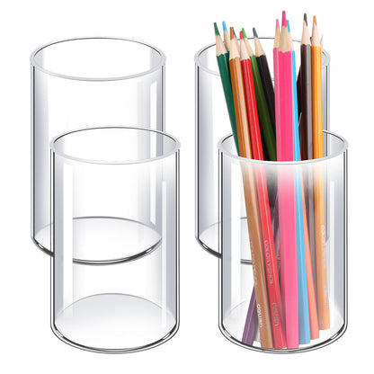 DingCo Acrylic Pen Holder 4 Pack, Acrylic makeup brush holder, Clear Pen Cup, Acrylic Cylinder Perfect for Desk organizer, Cylinder