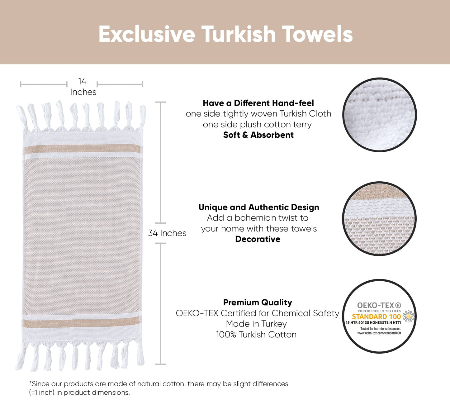 sea me at home Turkish Hand Towels for Bathroom, Kitchen Towels Decorative Set of 2, Luxury Turkish Cotton Dish Tea Towels 14 x 30 Inches for Bohemian, Rustic, and Farmhouse Decor (Beige)