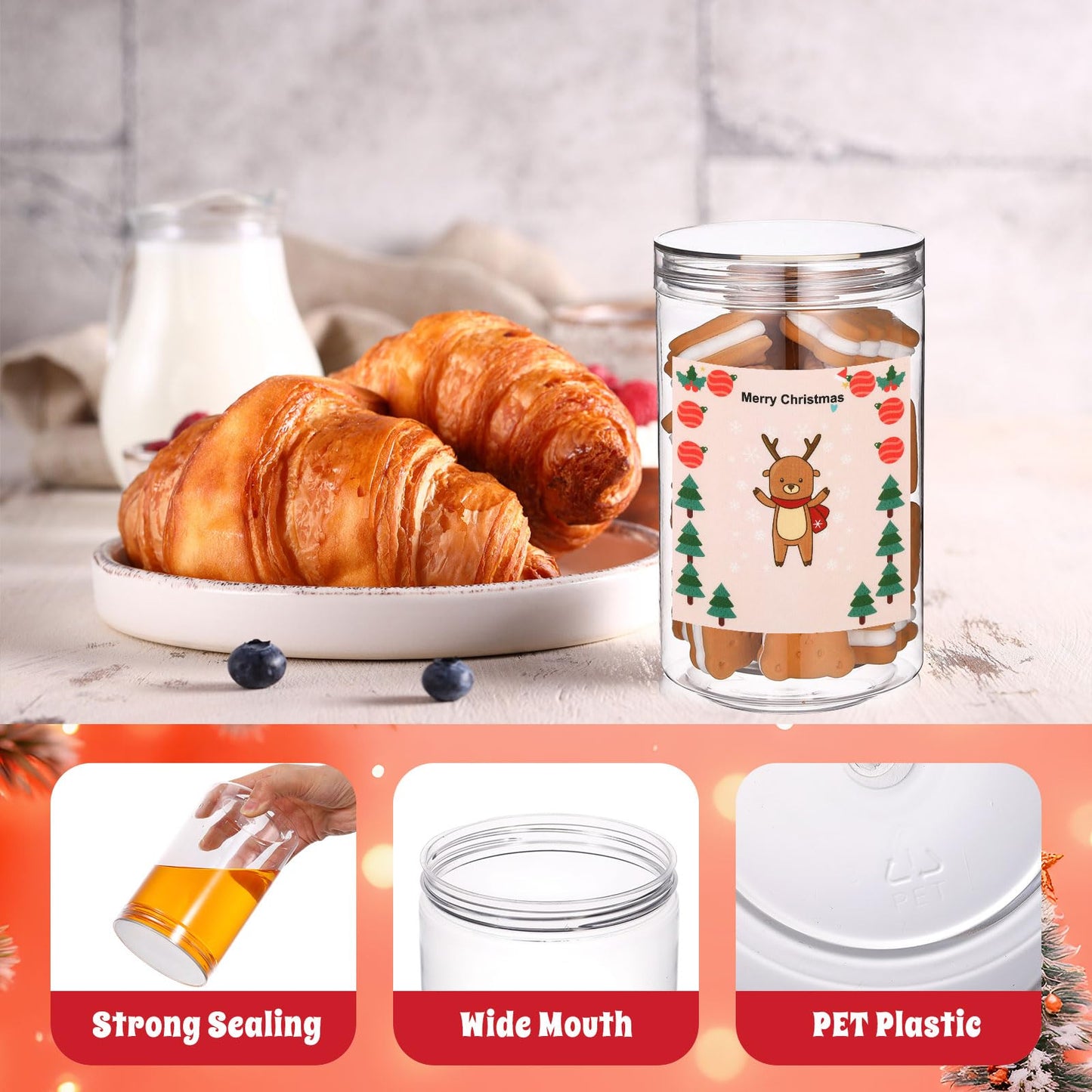 FoldTier 4 Sets Christmas Plastic Candy Jar Clear Cookie Containers with Lids Storage Jar Cookie Tins Snacks Treats Containers for Xmas Home Countertop Kitchen Decorative Winter Party Supply