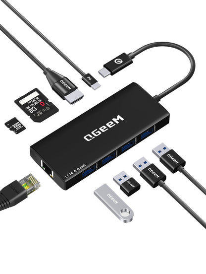 QGeeM USB C Hub Ethernet,9 in 1 USB Type C Hub HDMI Multi-Port Converter Adapter,100W Pd, USB 3.0,SD/TF Card Reader,Compatible for MacBook Pro Air Ipad HP Dell Lenovo Chromebook etc.