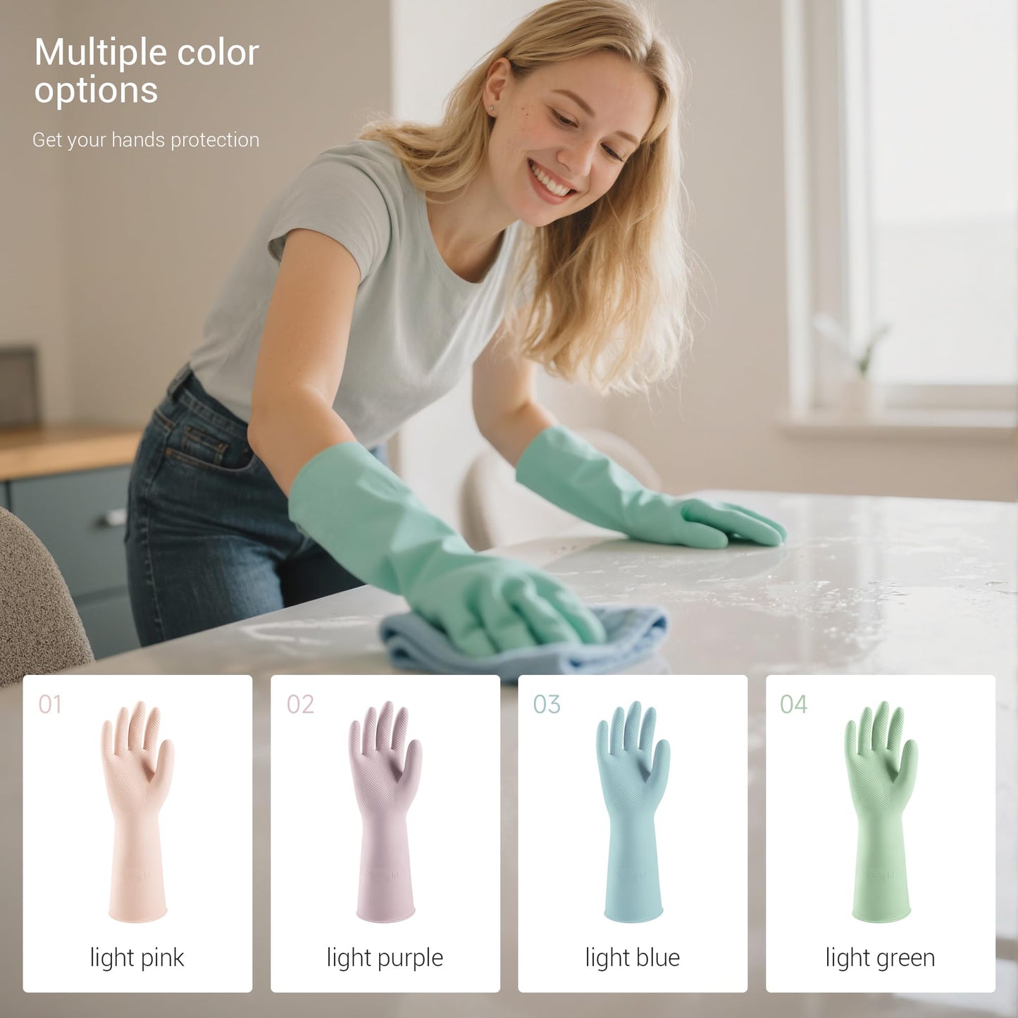 ThxToms 4 Pairs Reusable Rubber Gloves, 13" Natural Latex, 10mil Thick Heavy Duty Dishwashing & Cleaning Gloves, Non-Slip Grip, Multi-Color, Ideal for Kitchen, Bathroom, Car, & Garden Cleaning, Medium