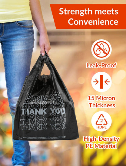 UMT Plastar 300 Count Thank You Bags, 12 x 6 x 22 in, 15 Mic Black Grocery Bags