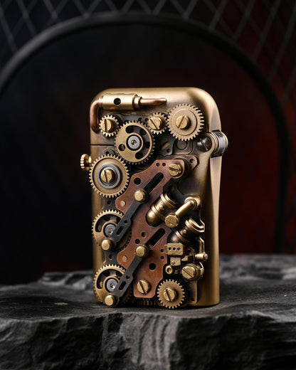Classic Retro Automatic Ejection Steampunk Kerosene Lighter, Brass, Flint, Grinding Wheel, Gear, Linkage, Mechanical, Complex, Collectible, Men's Gift, Thorens Steampunk-Twin Torque (Bottom-Fill)