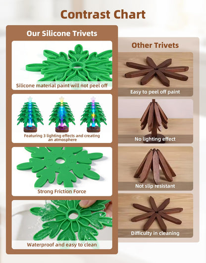 Silicone trivet tree Placemats, Tree Trivet Set-6pcs Trivets for HotDishes with Stand, Wooden-Style Tree Trivet Look, Non-Slip Washable Trivet, Trivets with RGB Light, Tree Pot Holder for Various dish