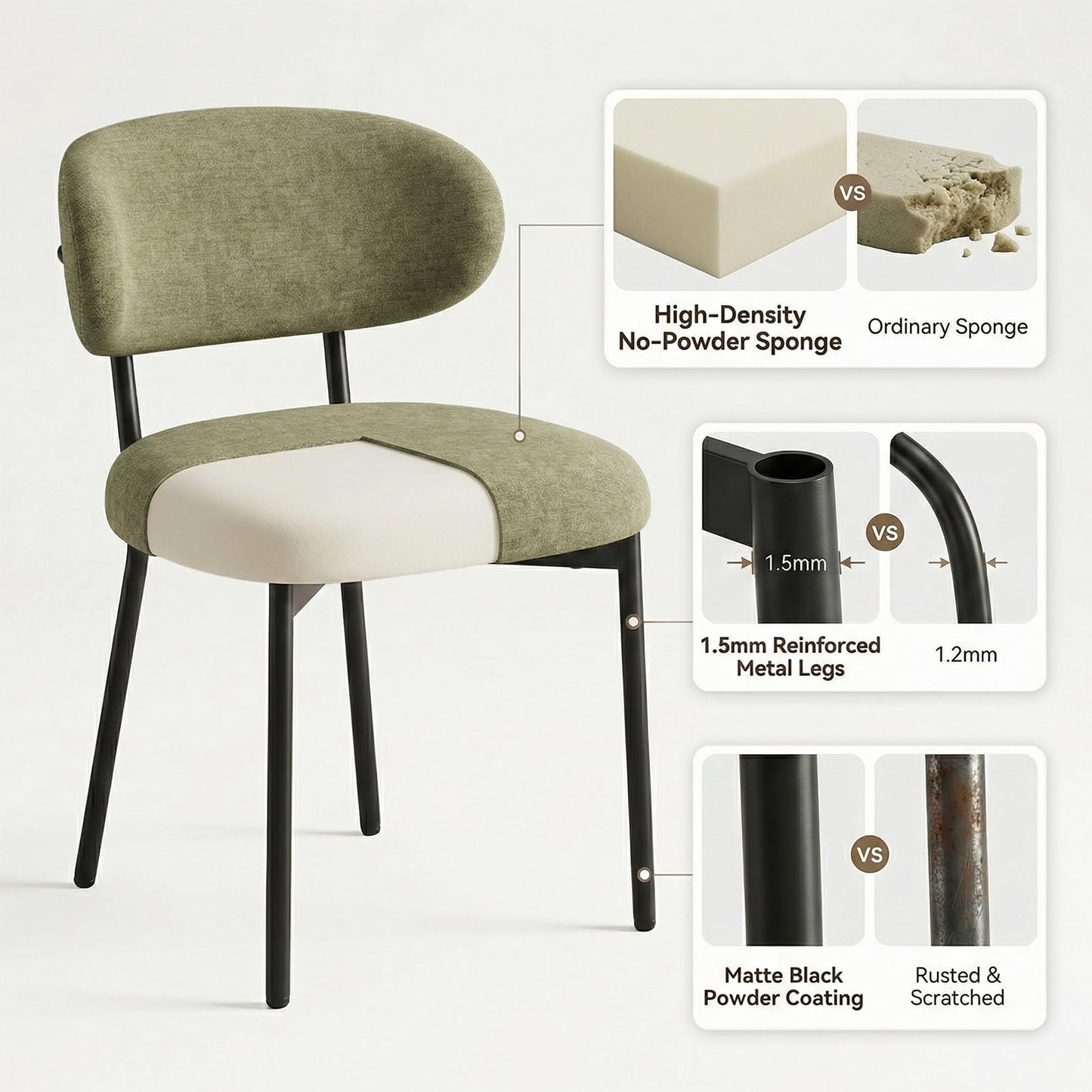 Upholstered Dining Chairs Set of 4, Modern Fabric Kitchen Chairs with Curved Backrest and Cushioned Seat, Sturdy Metal Legs, Modern Dining Chairs for Kitchen Dining Room, Living Room,Green