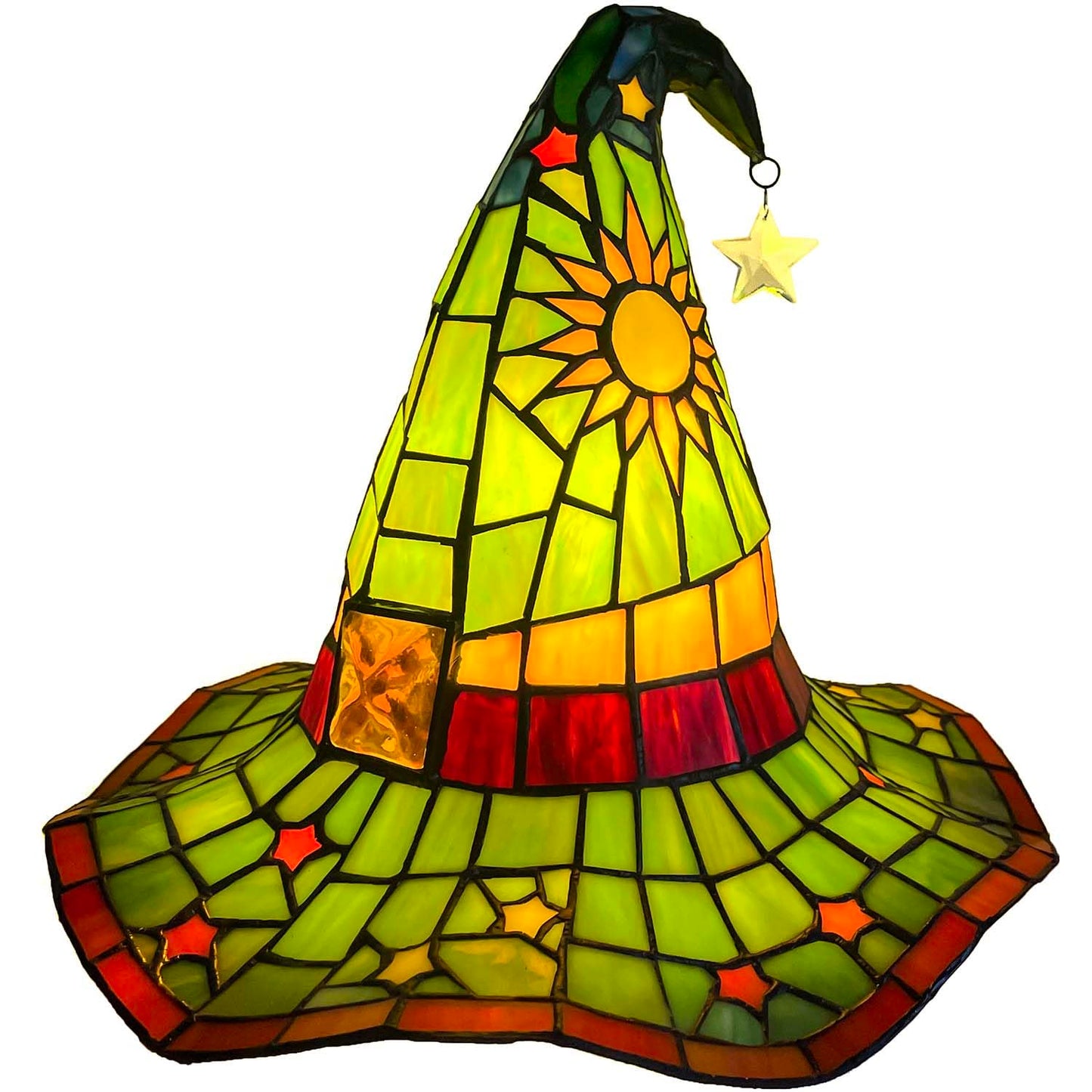 Bieye L13011 Tiffany Style Stained Glass Wizard Hat Table Lamp with Hanging Star, Handcrafted Fantasy Witch Hat Accent Light for Magical Home & Halloween Décor