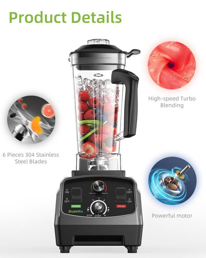 BioloMix Professional Smoothie Blender - 2200 Watt Motor, 68 Oz Large Capacity, High Speed Blender for Shakes, Smoothies, Ice Crushing, Frozen Fruits (with Extra Parts)