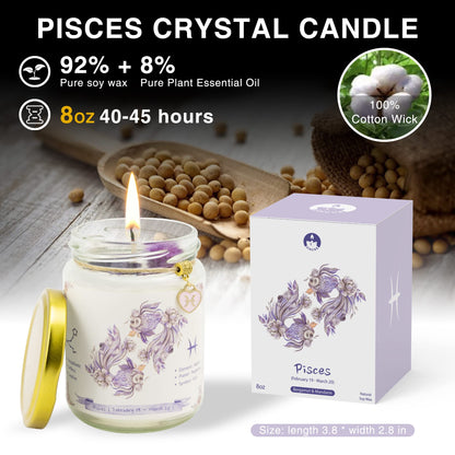 ZINCGE Pisces Zodiac Crystal Candle Gifts for Women, Astrology Spiritual Birthday Gifts Horoscope Natural Soy Bergamot Scented Candle with Dry Flowers and Amethyst Healing Crystals