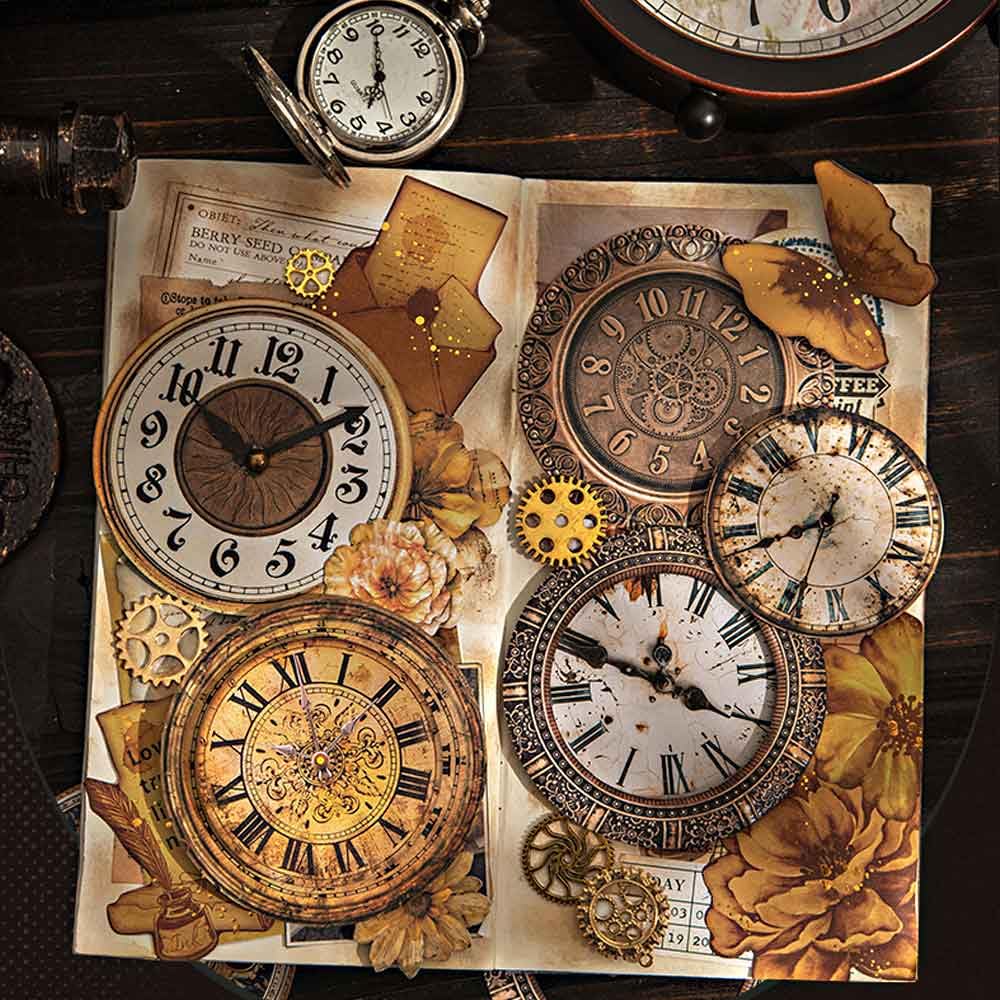 CraftBloom 90PCS Steampunk Clock Junk Journal Supplies, Vintage Cardstock Clock Faces with Movable Hands & Metal Brads, DIY Scrapbook Embellishments for Junk Journal, Collage, Mixed Media Craft