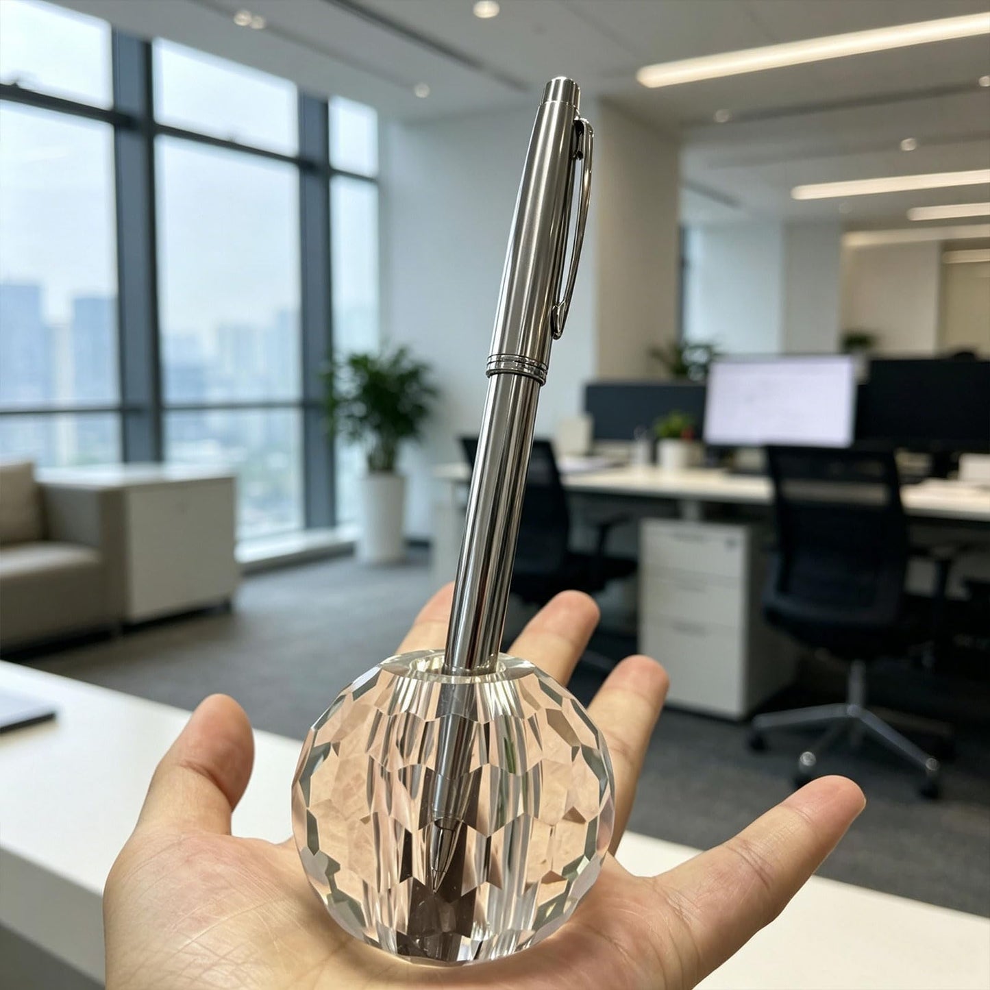 Jeejunye Crystal Pen Holder, 2.36 Inch Single Hole Pen Stand, Light Refracting Desktop Organizer for Fountain Pen, Makeup Brush, Wedding Guest Book, Home Office Desk Decor