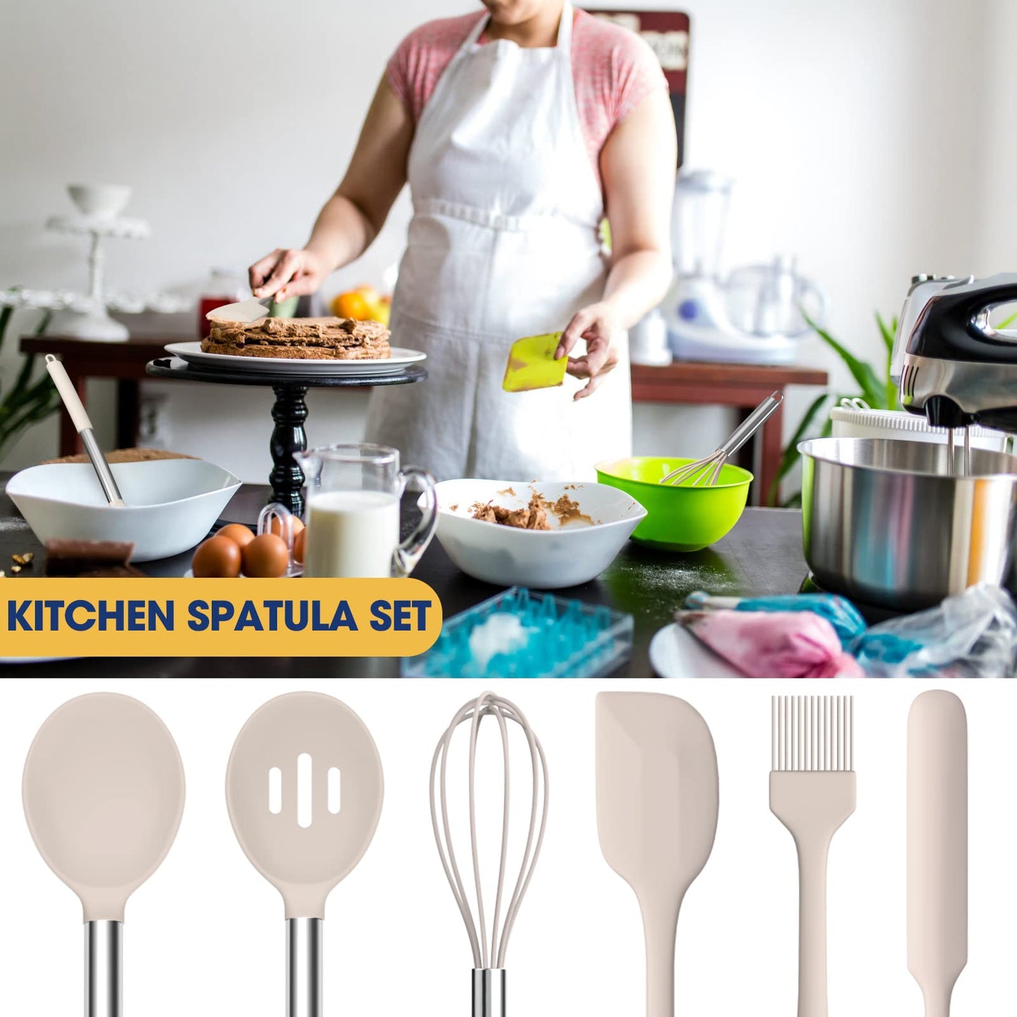 Silicone Cooking Utensil Set, Fungun Non-stick Kitchen Utensil 24 Pcs Cooking Utensils Set, Heat Resistant Cookware, Silicone Kitchen Tools Gift with Stainless Steel Handle (Khaki-24pcs) …