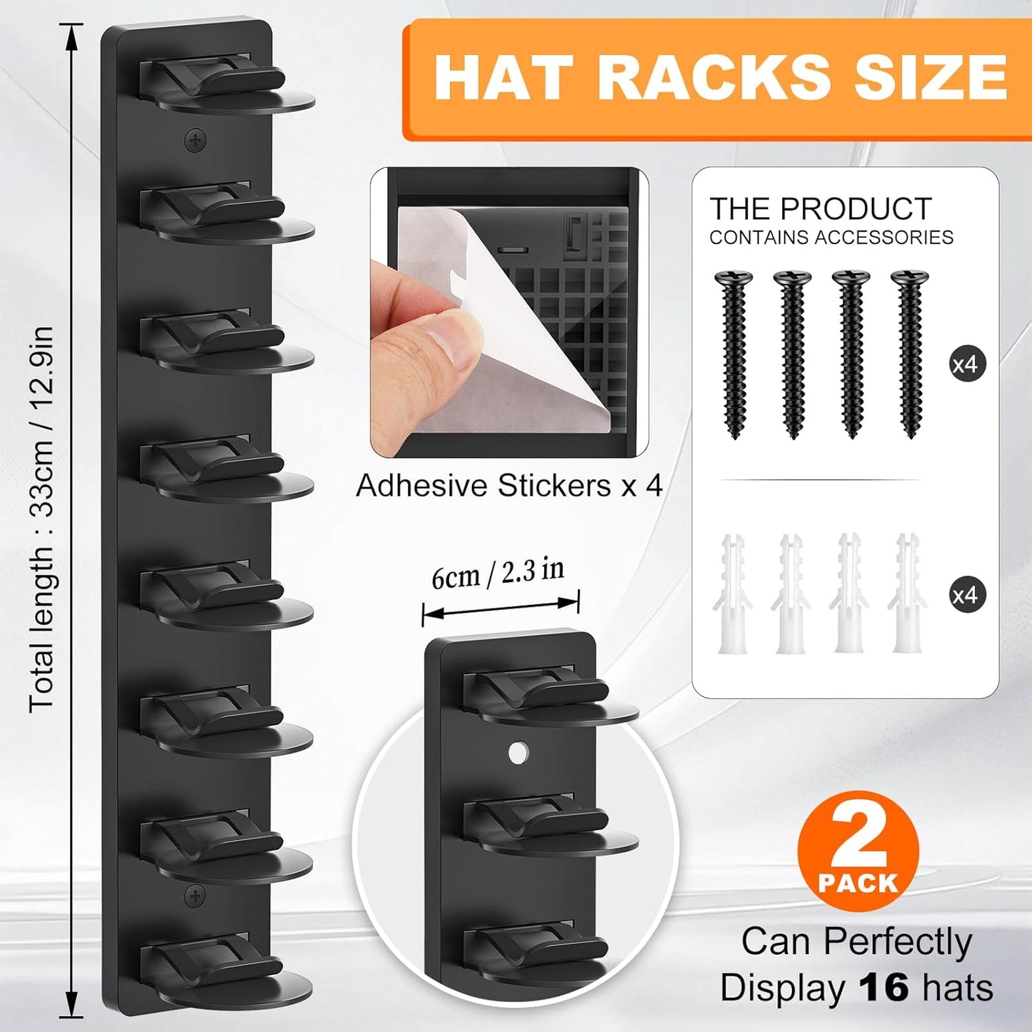 Skiennix Hat Organizer - 2 Pack Baseball Cap Rack with Strong Adhesive & Screw-In Holders | Ideal for Closet & Bedroom