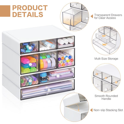 FODIENS Desk Storage Organizer with 9 Drawers, 4 Tiers Stackable Desktop Craft Storage Drawers, Clear Storage Box Caddy for Stationary Makeup Jewelry Office Craft Supplies (White)