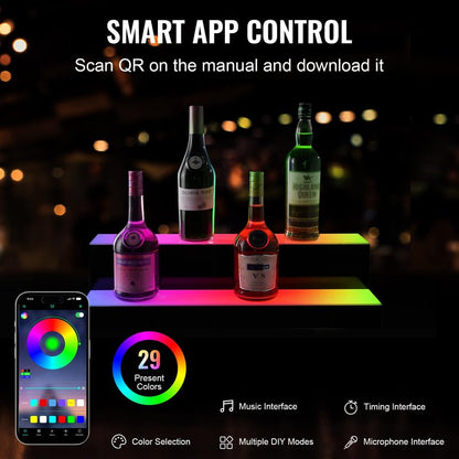 VEVOR LED Lighted Liquor Bottle Display, 2 Tiers 24 Inch Commercial Illuminated Home Bar Shelf, 2 Steps Whiskey Rack Stand, Acrylic Drink Shelves with RF Remote & App Control, and Multicolor Light