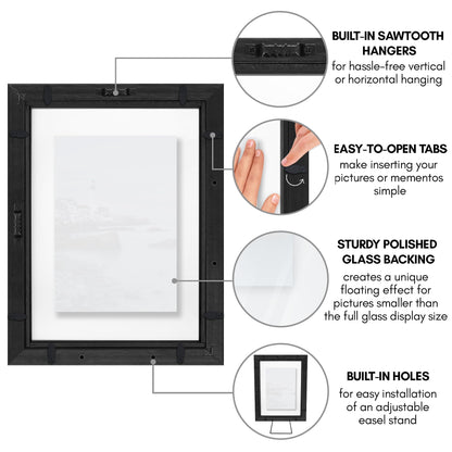 Americanflat 8x10 Floating Picture Frame with Polished Crystal-Clear Glass - Use as 5x7 Picture Frame or Display 4x6 Photo - Signature Float Collection - Photo Frames for Tabletop or Wall - Black