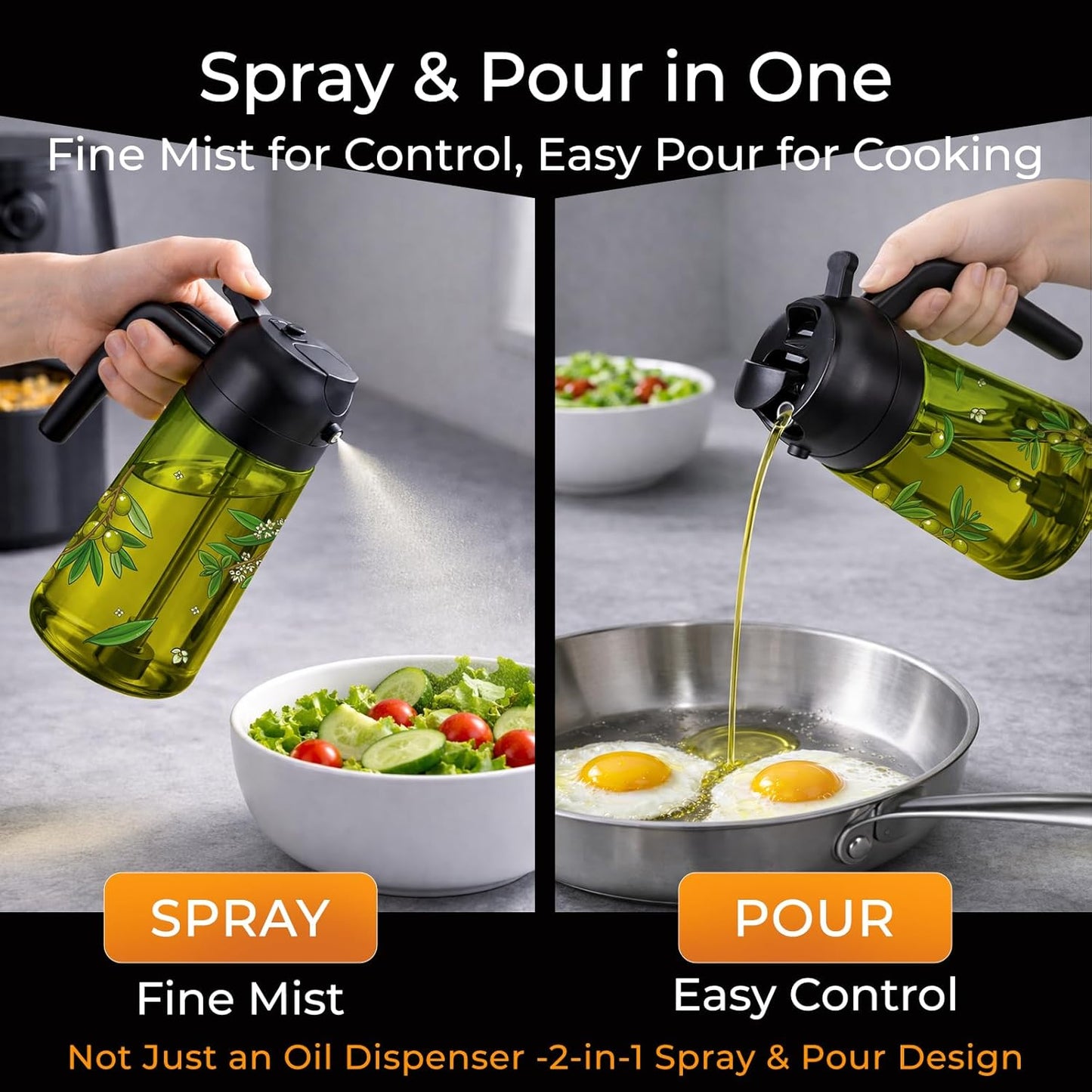 2 1 Set 16OZ/470ML Set 2 COOLMI Oil Sprayer for Cooking, in Olive Oil Dispenser Bottle for Kitchen, Food-Grade Glass